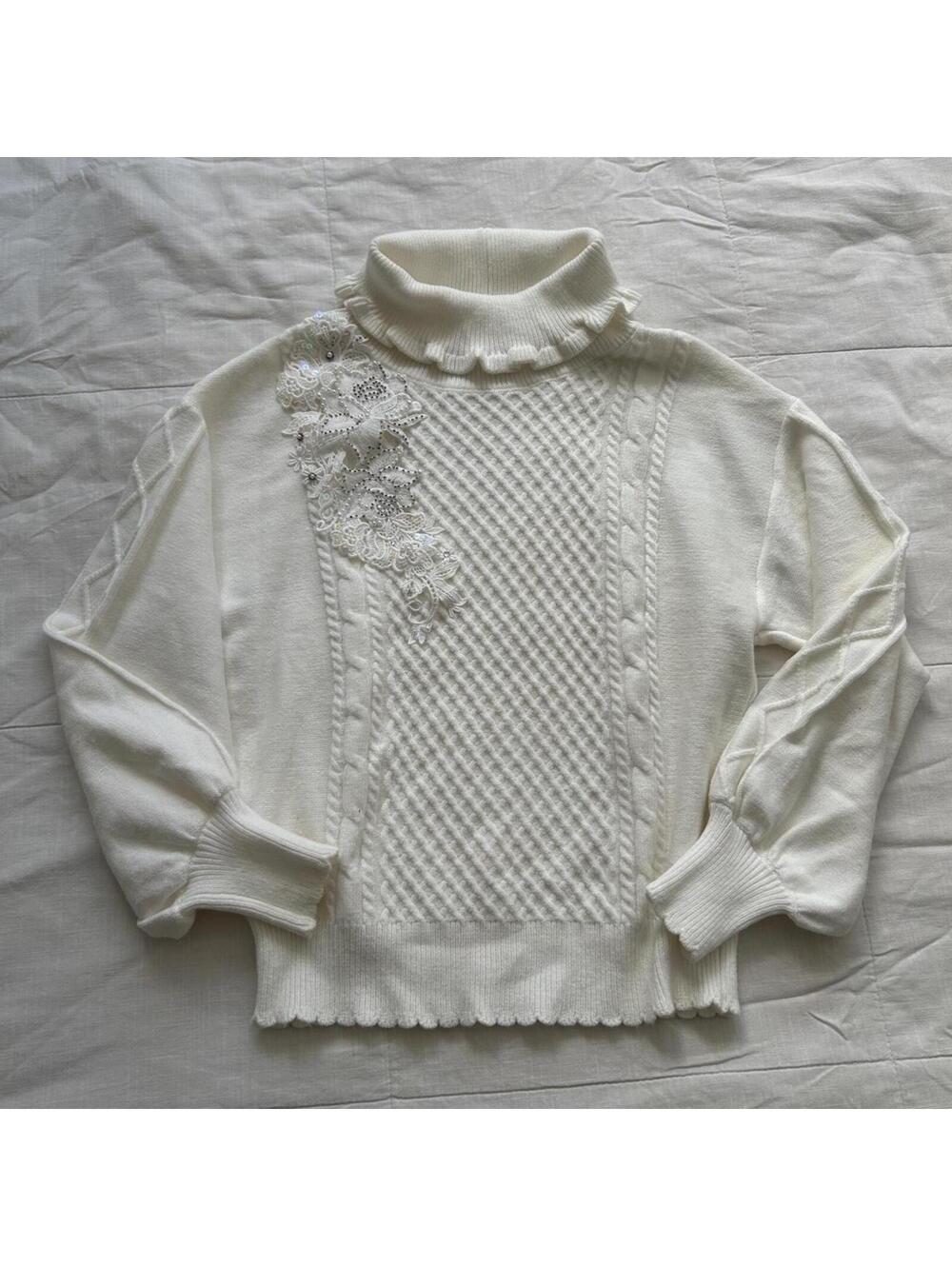 Axes Femme Ivory Lace Appliqué Cable Knit Turtleneck Sweater M Japan